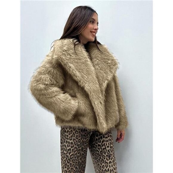 Womens Faux Fur Coat Lapel Open Front Fluffy Shaggy Jacket Khaki - Picture 4 of 6